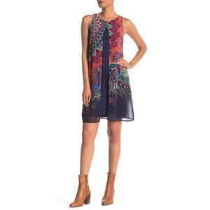 Desigual Blue Floral Peacock Sleeveless Tabi Overlay Dress Women's 40 Medium